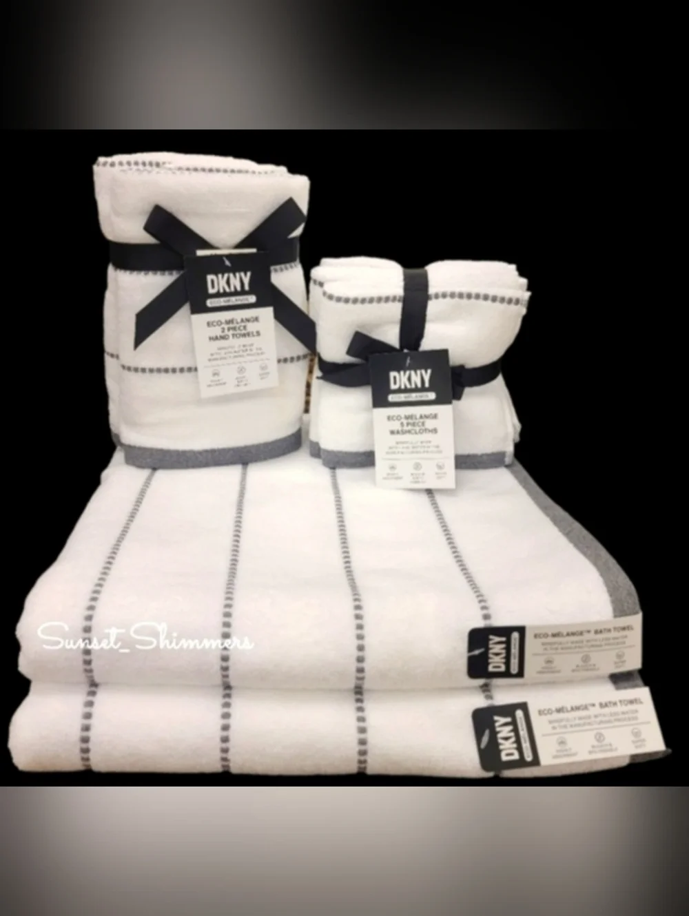 8pc DKNY White Dark Gray Dot Pin Stripe Bath / Hand / Washcloth Towel Set New